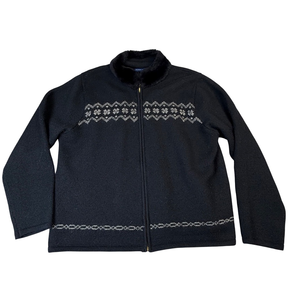 VTG‎ Karen Scott Wool Zip Sweater Jacket Faux Fur Collar Fair Isle Nordic XL